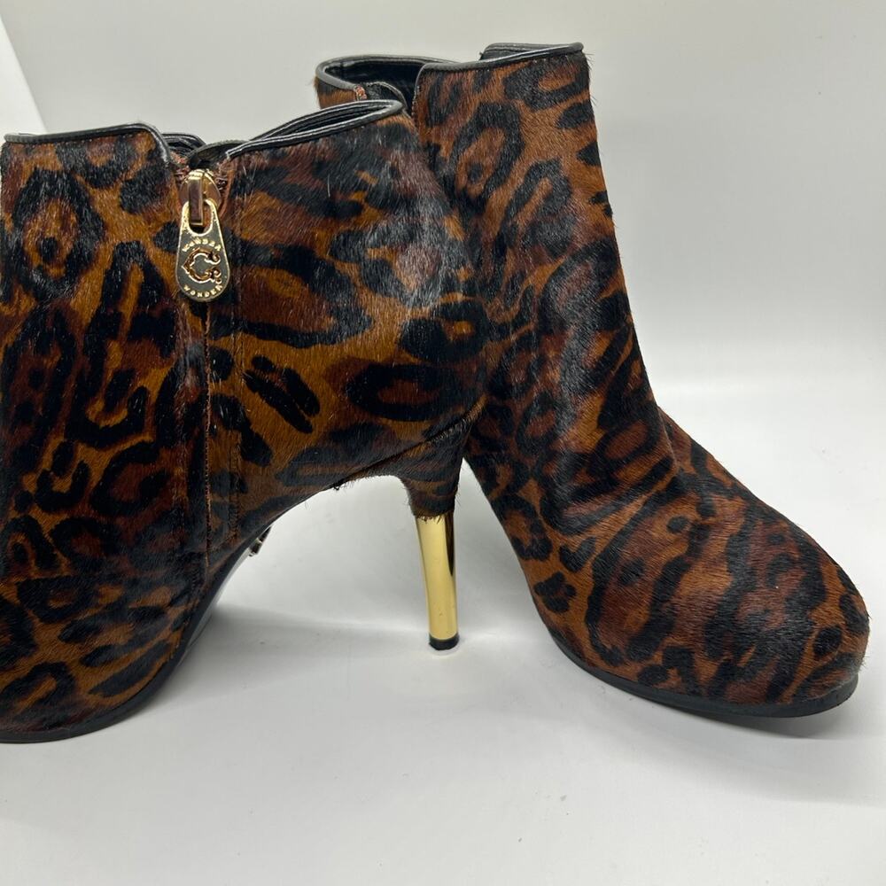 C Wonder Gold Stiletto Leather Boots Size 8 M Leopard Print Cow Fur
